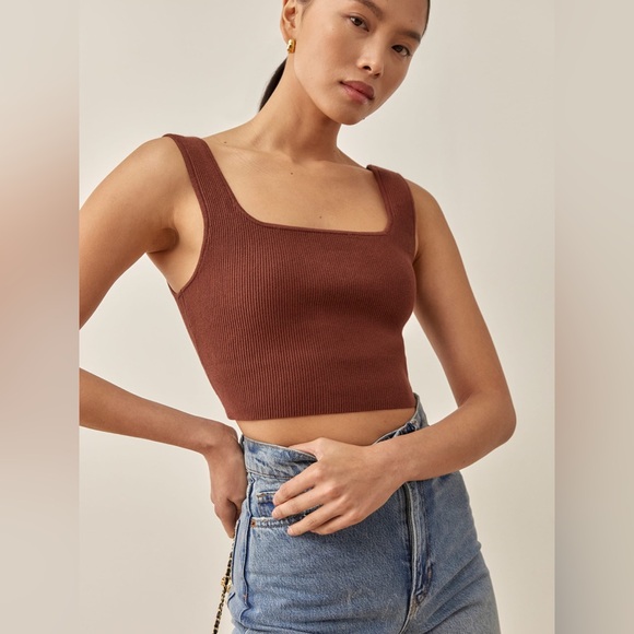 Reformation Brown Tea Ribbed Cropped Sweater Tank Sz S - Picture 1 of 6